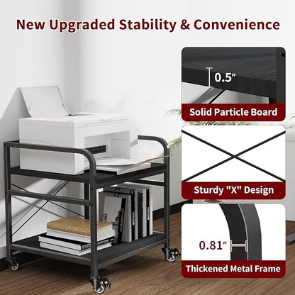 TFK 2 Tier Large Printer Stand with Storage, 20 x 20 Inches Under Desk Printer Table with Adjustable Shelf, Rolling Printers Cart with Wheels for Home Office, Fits Fax /3D Printer/Scanner, Black