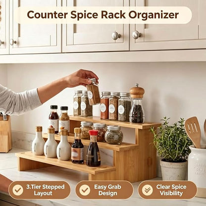 JinDoWin 3 Tiered Spice Rack Organizer for Cabinet,Spice Organization for Cabinet,Seasoning Organizer,Spice Shelf and Spice Organizer for Cabinet,Pantry Organizers and Storage (1 Pack, Medium)