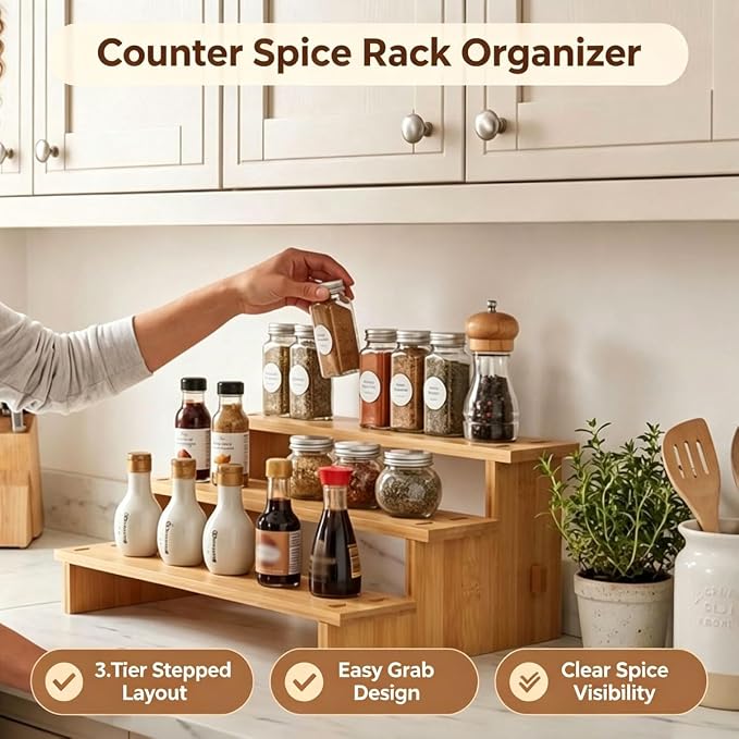 JinDoWin 3 Tiered Spice Rack Organizer for Cabinet,Spice Organization for Cabinet, Seasoning Organizer,Spice Shelf and Spice Organizer for Cabinet,Pantry Organizers and Storage (2 Pack, Medium)