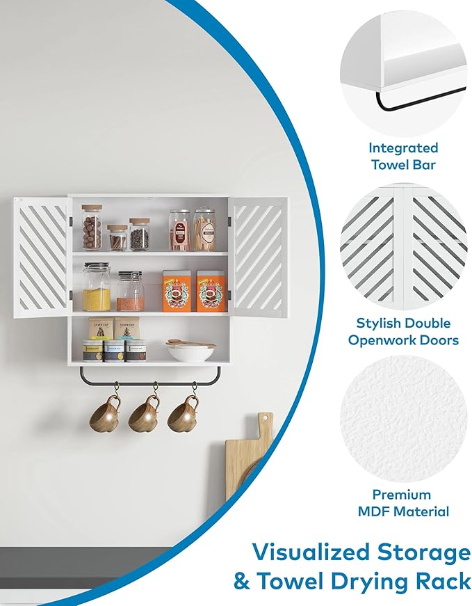 Wall Mounted Bathroom Cabinet with Openwork Doors and Towel Bar, Extra Deep Over The Toilet Storage, Waterproof Farmhouse Medicine Cabinet for Bathroom, Laundry Room (23.6"x8.3"x23.6", White, 2PCS)