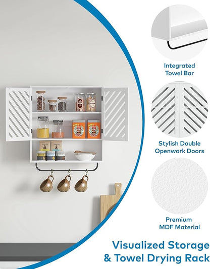 Wall Mounted Bathroom Cabinet with Openwork Doors and Towel Bar, Extra Deep Over The Toilet Storage, Waterproof Farmhouse Medicine Cabinet for Bathroom, Kitchen, Laundry Room (23.6"x8.3"x23.6", White)