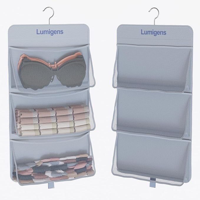 Lumigens Hanging Sock & Underwear Organizer, Hanging Closet Organizer with Pockets, Bra Hanger for Closet Organizer with 360° Rotating Hook, Space Saving Hanging Storage for Wall, Bedroom, RV