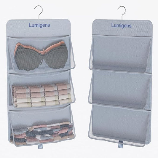 Lumigens Hanging Sock & Underwear Organizer, Hanging Closet Organizer with Pockets, Bra Hanger for Closet Organizer with 360° Rotating Hook, Space Saving Hanging Storage for Wall, Bedroom, RV