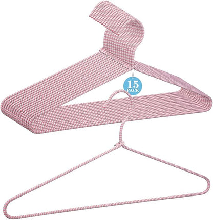 15 Pcs Fabric Wrapped Metal Hangers Covered Wire Hanger Metal Coat Hangers Non Slip for Clothes Closet Clothing Suit Shirt Pant (Pink and Grey Stripes)