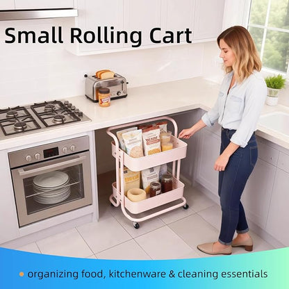 2 Tier Short Rolling Cart with Wheels All-Metal Pink Pantry Storage for Kitchen,Under Desk Trolley with Handle Small Wheeled Storage Cart for Laundry Room Bathroom, Under Table Small Space