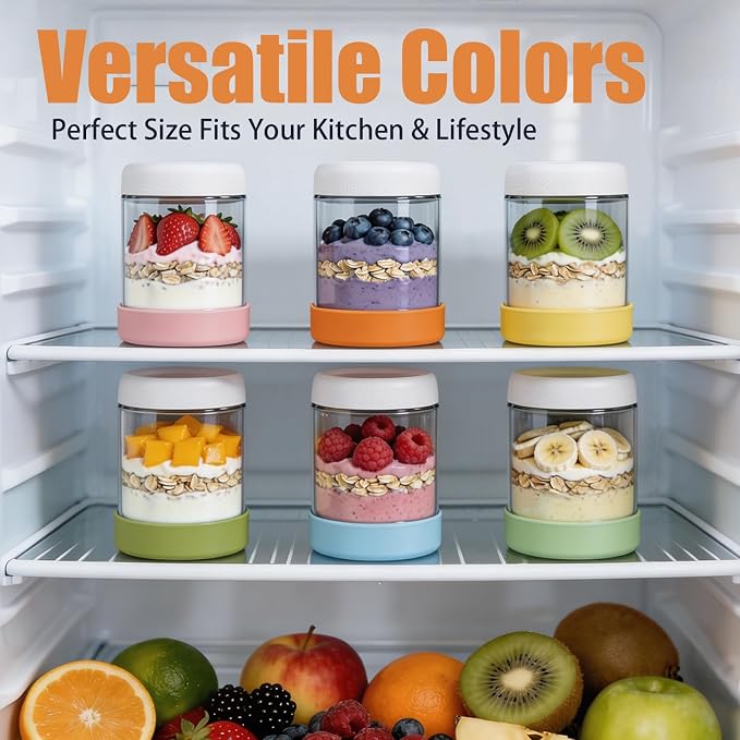 JohnBee 6-Pack 16 oz Glass Overnight Oats Containers with Airtight Lids and Silicone Sleeves - Wide Mouth Jars for Salad, Yogurt, pickles, Snacks, Spice & Sugar - Leakproof Glass Food Storage Jars