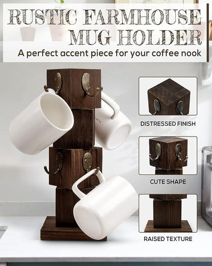 PUERSI Coffee Mug Holder for Counter, Rustic Solid Wood Mug Tree, Farmhouse Wooden Coffee Cup Rack with 8 Hooks (Rustic Brown)
