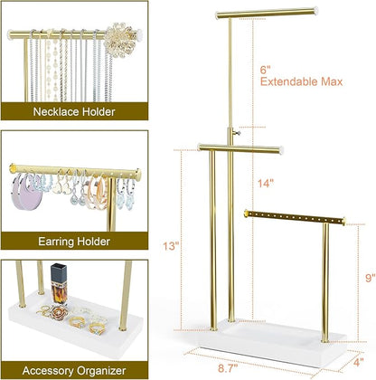 SRIWATANA Jewelry Organizer Display Extra Tall Necklace Holder 3 Tier Jewelry Tree Stand, Gift Idea (White & Gold)