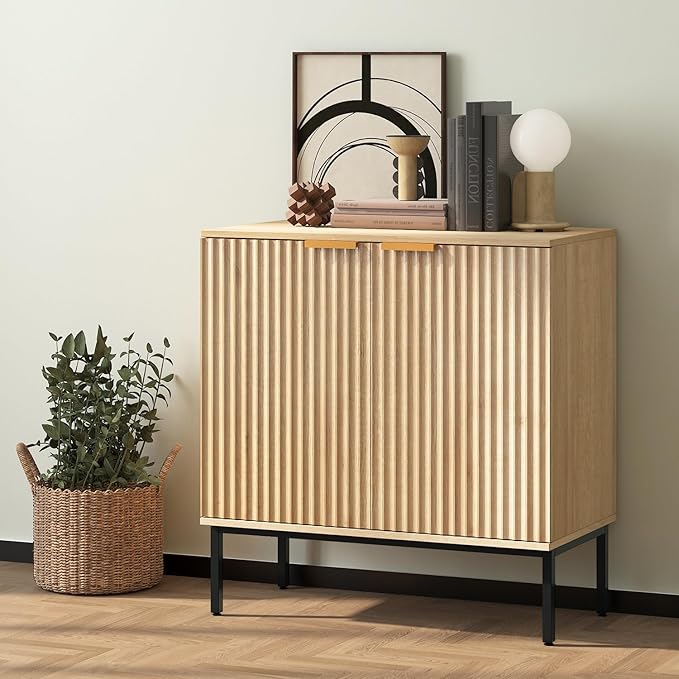 Fluted Sideboard, Buffet Cabinet with Storage, Wooden with Doors and Shelves, Accent Cabinet for Living Dining Room, Entryway