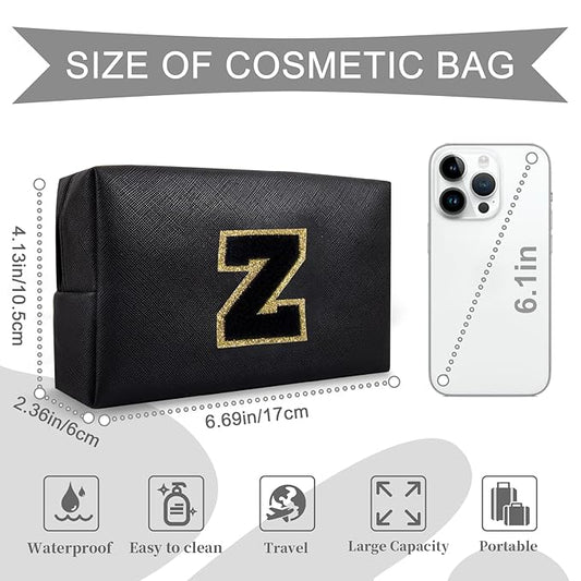 Personalized Initial A-Z Preppy Patch Makeup Bag,Small PU Chenille Letter Cosmetic Bag with Zipper for Teen Girls,Black Cute Toiletry Organizer Bag,Monogram Makeup Case Gift for Women Girls,Letter Z