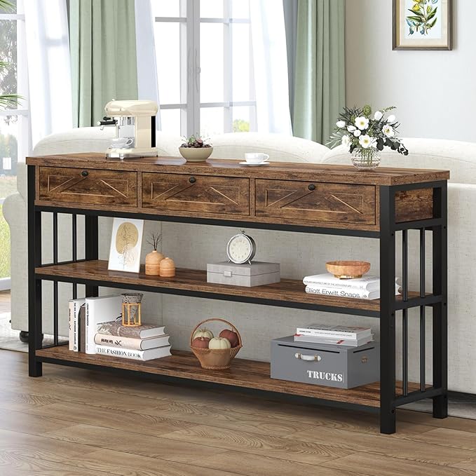 HSH Entryway Table with 3 Drawers, 55” Rustic Sofa Table with Storage Shelves, 3 Tier Console Table Behind Couch for Living Room, Farmhouse Wood Metal Entry Hallway Table for Entrance, Brown, 55 inch