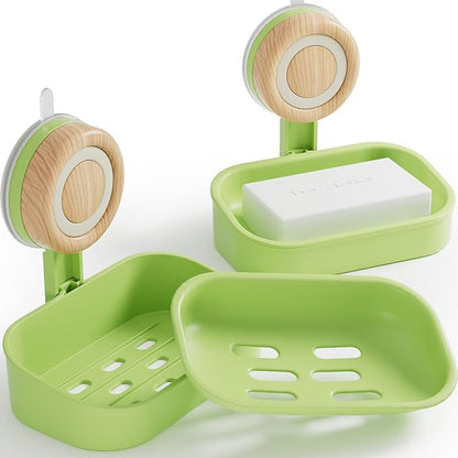 Double Layer Soap Dish for Shower 2 Pack, Wall Mounted Bar Soap Holder Suction Cup 2 Layer Self Draining Soap Case Sponge Holder for Shower Bathroom, Tub and Kitchen Sink, Green