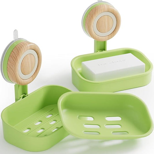Double Layer Soap Dish for Shower 2 Pack, Wall Mounted Bar Soap Holder Suction Cup 2 Layer Self Draining Soap Case Sponge Holder for Shower Bathroom, Tub and Kitchen Sink, Green