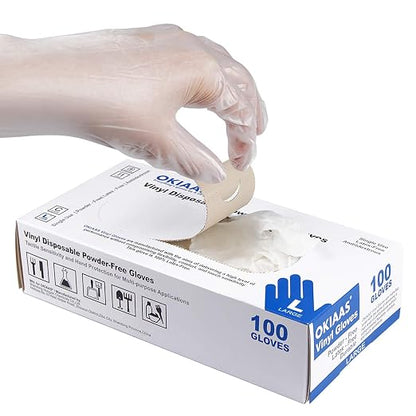 OKIAAS Disposable Gloves L, Food Safe| Latex-Free and Powder-Free Clear Vinyl Gloves for Cooking, Food Prep, Household Cleaning | Large,100 Counts/Box