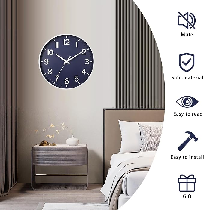 HZDHCLH Wall Clocks Battery Operated,Wall Clock Navy Blue,8 inch Wall Clock Silent Non Ticking Modern 3D Numbers for Kitchen Bedroom Living Room Office Classroom Decor