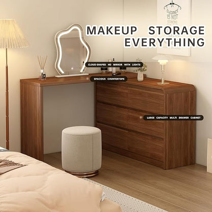 Makeup Vanity Desk with Mirror and Lights, 50-90inch Extendable Mid Century Walnut Makeup Dresser Combo with 47 Inch 6 Drawer Dresser and L Shaped Vanity Desk, Without Stool, Brown