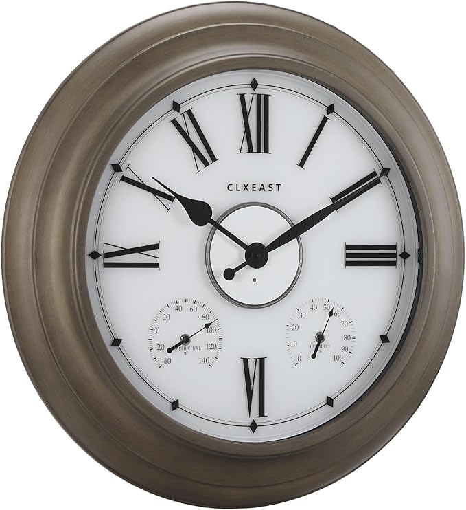 CLXEAST Illuminated Outdoor Clocks Waterproof 24 Inch with Smart Sensor, Large Metal Wall Clocks with Temperature and Humidity for Living Room Decor,Garden Patio,Grey Oak/Faux Barnwood Finish