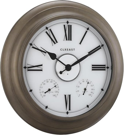 CLXEAST Illuminated Outdoor Clocks Waterproof 24 Inch with Smart Sensor, Large Metal Wall Clocks with Temperature and Humidity for Living Room Decor,Garden Patio,Grey Oak/Faux Barnwood Finish
