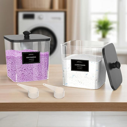 2 Pack Clear Laundry Pods Container, Plastic Square Laundry Room Organization and Storage Jars with Black Lids, Scoops & Labels for Detergent, Powder, Dryer Balls