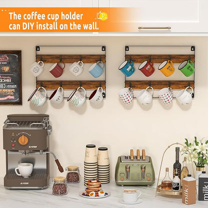 Huxitocan Wall Mount Coffee Mug Holder - Rustic Wood and Iron, Holds Up to 24 Mugs (3Pack) for Kitchen, Home, Coffee Bar