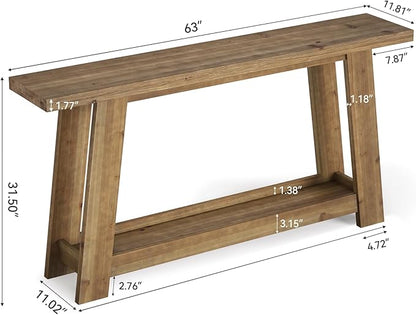 63-Inch Solid Wood Console Table, Farmhouse Entryway Table with 2-Tier Shelf, Narrow Sofa Table Behind Couch for Living Room, Hallway, Foyer