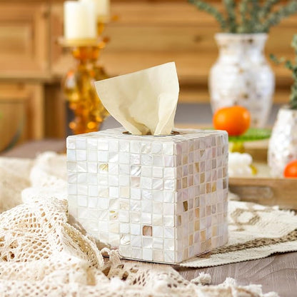 WDHODEC White Tissue Box Cover Square Decorative Tissue Box Holder Handmade Shell & Wooden Tissue Box Cube for Living Room, Dining Room, Cafe, Hotel, Office