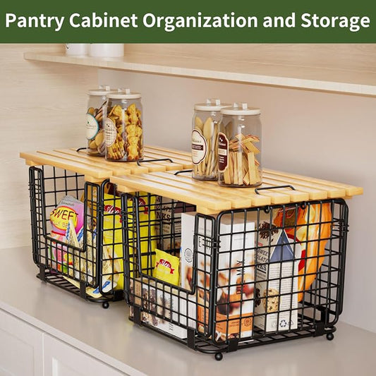 Wire Storage Basket for Kitchen Pantry: GGIU Stackable Kitchen Counter Organizers - Wire Organizing Bin for Produce Fruit Vegetable Potato and Onion Black