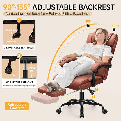 Office Chair, Executive Big and Tall Leather Desk Chairs with Footrest, Ergonomic Breathable Computer Chair with Adjustable High Back, Lumbar Support Swivel PC Chairs with Rocking Function