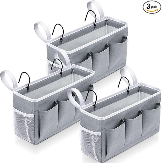 3 Pcs Bedside Caddy Storage Organizer, Bedside Hanging Storage Bag with Pockets and Fixed Straps for Bunk Bed Shelf Dorm Rooms Crib Bed Rails Hospital Beds, Can Be Placed Glasses Books
