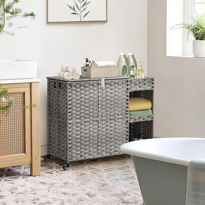 Laundry Hamper with Wheels, 42.3 Gal.(160 L) Laundry Sorter with Shelves, Rattan Clothes Hamper with 4 Removable Liners & 3 Mesh Bags, Handwoven Organizer for bedroom, bathroom, laundry room, Grey