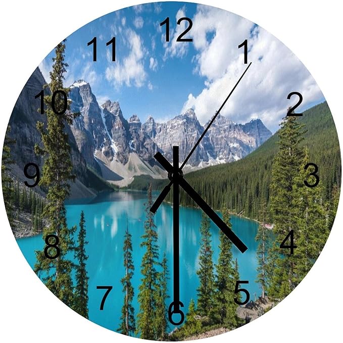 Scenic Nature Wall Clock 12 Inch Silent Non Ticking Clock Wooden, Natural Landscape Lake Mountain Forest Tree Woodland Scenery Wall Clock Battery Operated Kitchen Bedroom Living Room Decor