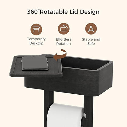 Wealone 4-in-1 Black Toilet Paper Holder Stand with Storage Shelf Box, 360° Rotating Bamboo Free Standing Toilet Tissue Roll, Toilet Wipes Dispenser Organizer, Temporary Desktop for Bathroom (Patent)