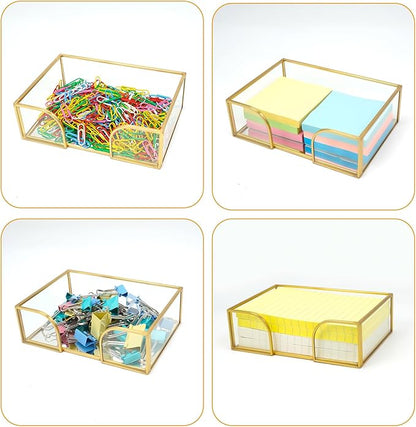 Sticky Note Holder Glass Post It Note Dispenser, 4 x 6 Inch Gold Sticky Note Dispenser, Stylish Post It Holder for Desk Home Office Decor