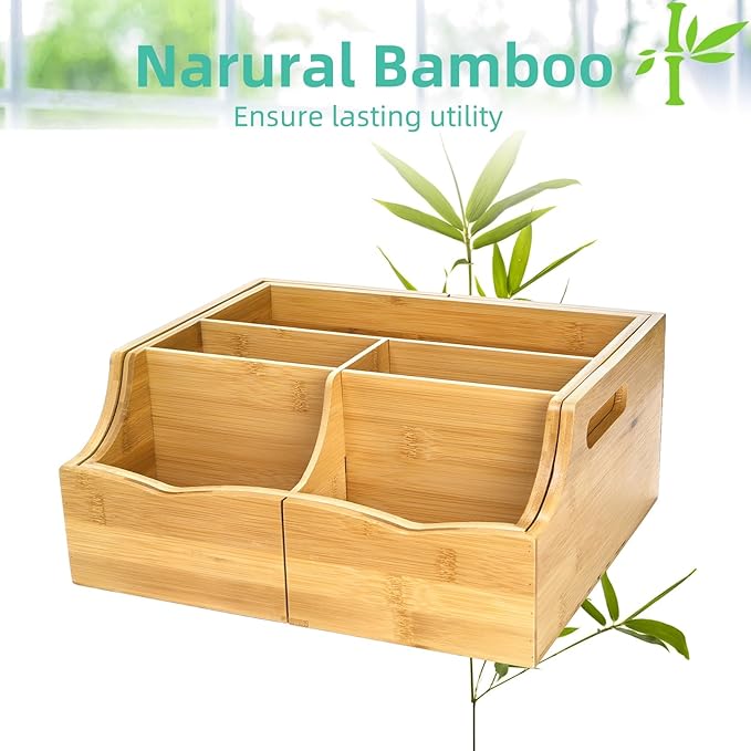WRINGKIT Coffee Station Organizer for Countertop, Bamboo Coffee Bar Condiment Organizer, Extendable Tea Condiment Storage for Bar Decor, Kitchen, Office, 7 Compartment