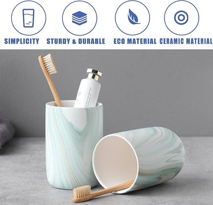 Green Marble Toothbrush Holder - Ceramic Toothbrush Holder for Bathroom, Toothbrush Toothpaste Holder, Marble Bathroom Tumbler Cups Reusable Toothbrush Mouthwash Cup, Bathroom Counter Organizer