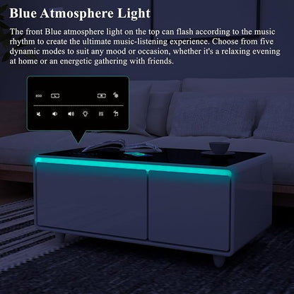 Smart Coffee Table with Fridge and Bluetooth, Smart Living Room Table with Frozen Drawers, Dual Speakers, 15W Wireless Charger, Touch Control, USB Ports, Atmosphere Light, LT90 Ultra-White