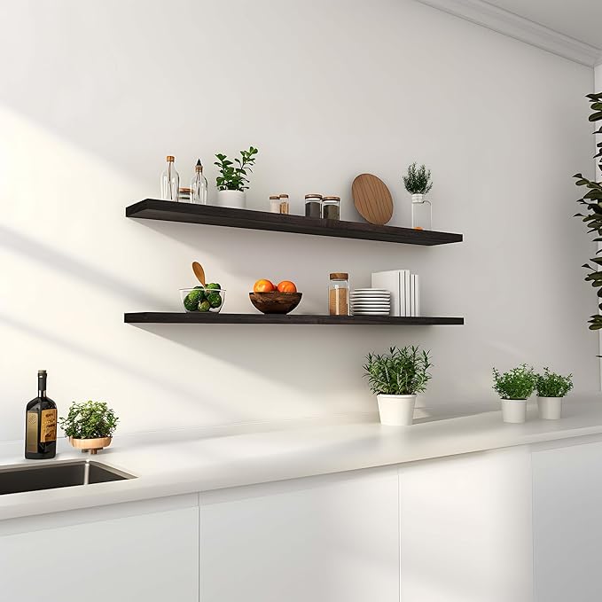 YYWUOJJ Wood Floating Shelves for Wall Decor, Rustic Wall Shelves for Bedroom Bathroom Kitchen Living Room, Set of 4 Walnut 48 Inch