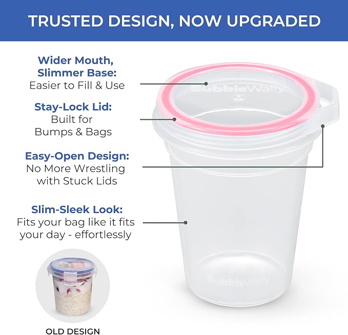BubbleWally JoyPlus Overnight Oats Containers with Lids Plastic (Pink) - Meal Prep Containers Reusable for Food Storage – 16oz Jars for Breakfast, Snacks, and Lunch