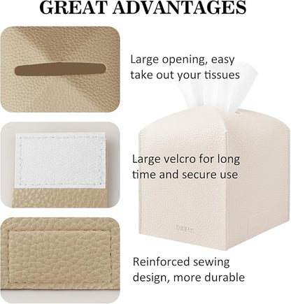 Tissue Box Cover Holder Square Tissue Cube Cover PU Leather Tissue Organizer with Bottom Belt for Bathroom, Tabletop, Car, Night Stands, Office, Home, Kitchen (1, SoftBeige)