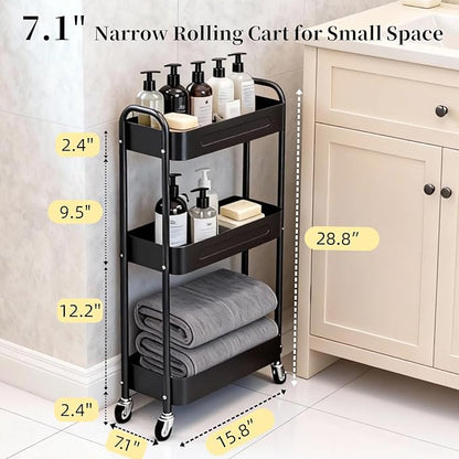 3 Tier Slim Metal Rolling Storage Cart for Laundry Room & Kitchen Organizer, 7.1'' Thin Standing Shelf for Narrow Spaces, Utility Cart with Wheels & Lockable Casters for Bathroom, Black