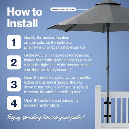 Patio Umbrella Holder – Easy Installation - Space Saving Umbrella Holder Design - Outdoor Umbrella Base and Mount - Attaches to Railing Maximizing Outdoor Patio Space and Shade, Black