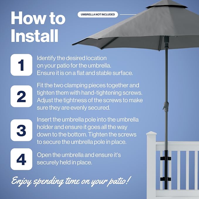 Patio Umbrella Holder – Easy Installation - Space Saving Umbrella Holder Design - Outdoor Umbrella Base and Mount - Attaches to Railing Maximizing Outdoor Patio Space and Shade, White