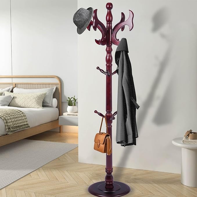 Wooden Coat Rack Freestanding with 14 Hooks Antler Shaped, 72'' Vintage Coat Racks Tree, Adjustable Height, Coat Hanger Stand with Sturdy Base, Coat Tree Hats Hanger for Living Room, Bedroom, Entryway