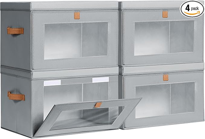 Homsorout Large Closet Storage Bins - Collapsible Storage Bins with Handles & Window, Fabric Cube Organizer with Lids, Decorative Boxes for Living Room, Closet, Dorm, 4 Pack, Grey