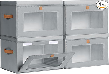 Homsorout Large Closet Storage Bins - Collapsible Storage Bins with Handles & Window, Fabric Cube Organizer with Lids, Decorative Boxes for Living Room, Closet, Dorm, 4 Pack, Grey