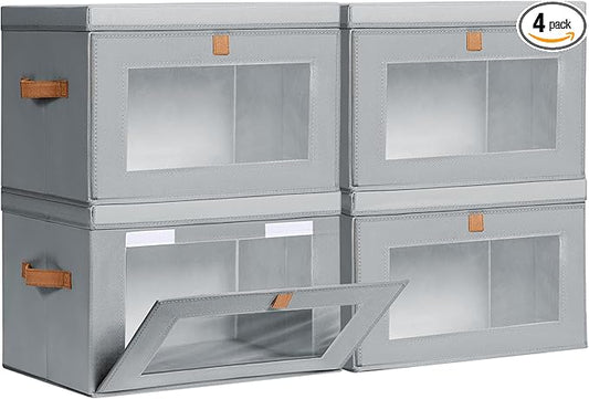 Homsorout Large Closet Storage Bins - Collapsible Storage Bins with Handles & Window, Fabric Cube Organizer with Lids, Decorative Boxes for Living Room, Closet, Dorm, 4 Pack, Grey