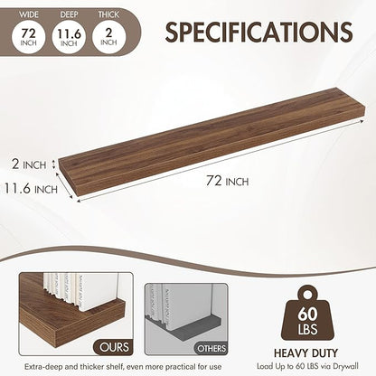 Acovy 72 Inch Floating Shelves, 12" Deep Floating Shelf Wall Mounted, 72" Wall Shelves, Rustic Deep Bookshelf, Extra Deeper & Thicker Display Shelves for Bedroom, Living Room, Walnut, Set of 1