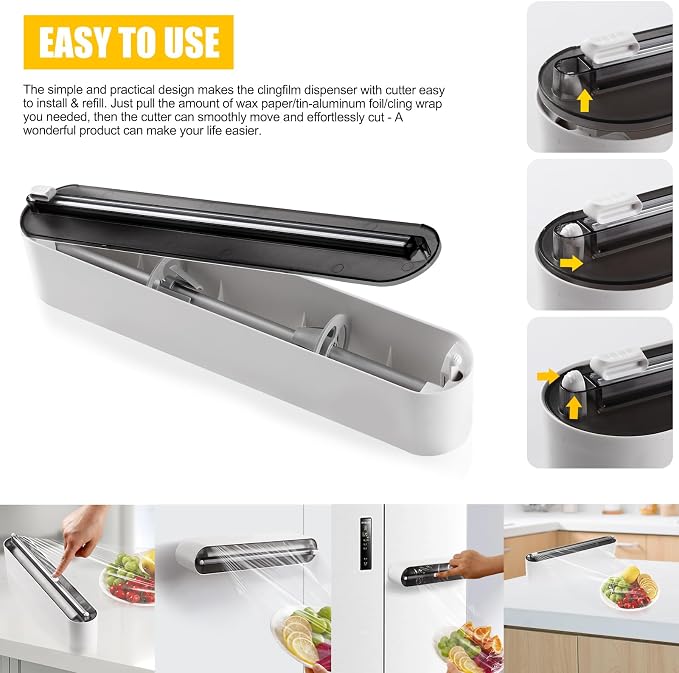 Aluminum Foil & Plastic Wrap Dispenser with Slide Cutter - Magnetic & No-Drill Wall Mount, Cling Film Dispenser for Worktops & Cabinets, Space-Saving Kitchen Organizer - Fits 12" Rolls, Black