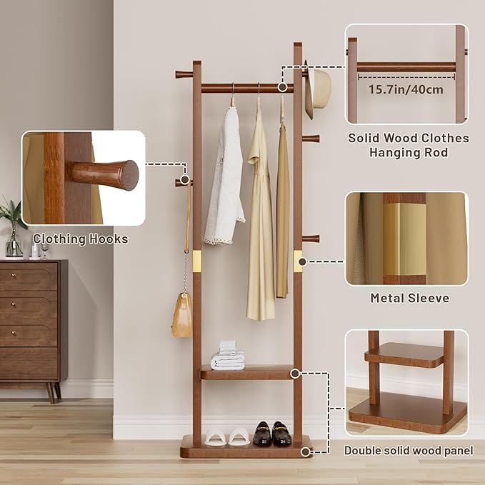 Coat Rack Freestanding Clothing Rack with 2 Shelves Storage & 5 Hooks Heavy Duty Clothes Rack Wood Coat Tree Stand Hat Hanger Rack (Walnut Brown, 18.9" x 11.8" x 70" (No Wheels))
