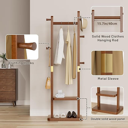Coat Rack Freestanding Clothing Rack with 2 Shelves Storage & 5 Hooks Heavy Duty Clothes Rack Wood Coat Tree Stand Hat Hanger Rack (Walnut Brown, 18.9" x 11.8" x 70" (No Wheels))